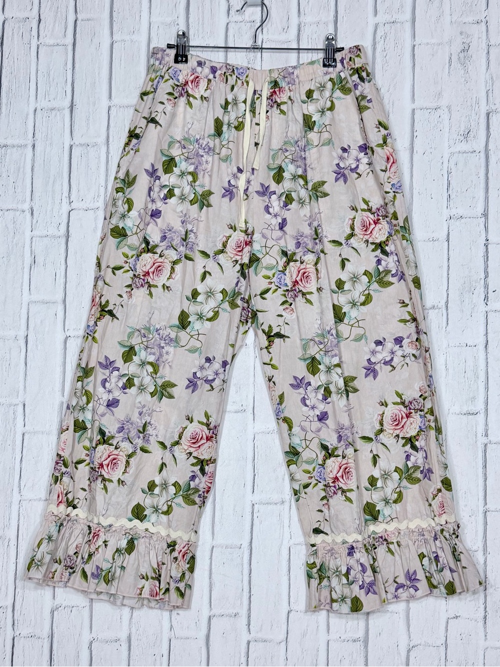 🌸 Blue Velvet 100% COTTON Floral Ruffle Wide Leg Pants NWOT Size L Cottagecore
